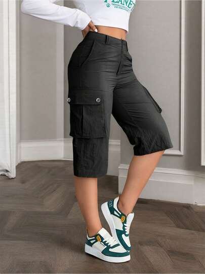 Women's Black Street Casual Vintage Flap Pocket Detail Cargo Shorts, Suitable For Club, Birthday Party, Business Occasions, Concerts, Gym, Outings, Airport, Back To School, Teacher's Day, Spring, Summer, Autumn