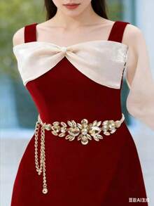 Women's Rhinestone Inlaid Chain Waist Belt, Luxurious Gold-Tone Waist Chain - Gold - View 2