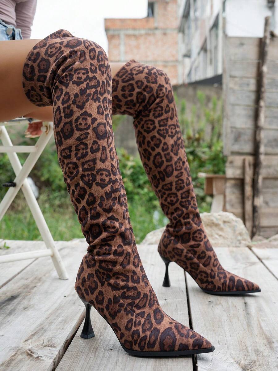 Women's Leopard Print Western Style Elegant Fabric Fashion Boots, Pointed Toe Chunky Heel Sexy Over-The-Knee Stretch Boots, Suitable For Holidays And All Seasons - Brown - View 1
