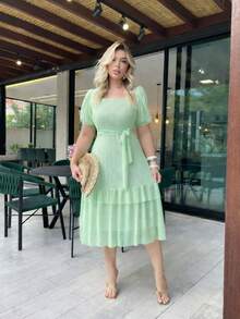 Elegant Women's Casual Dress, Fabric, Hem With Ruffle, Knot, Pleated, Women's Evening Wedding Dress - 淡綠 - 查看 1