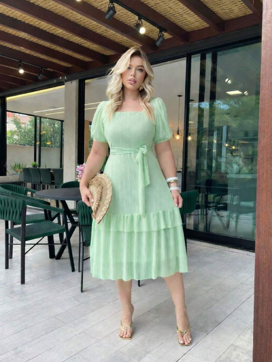 Elegant Women's Casual Dress, Fabric, Hem With Ruffle, Knot, Pleated, Women's Evening Wedding Dress - 淡綠 - 查看 1