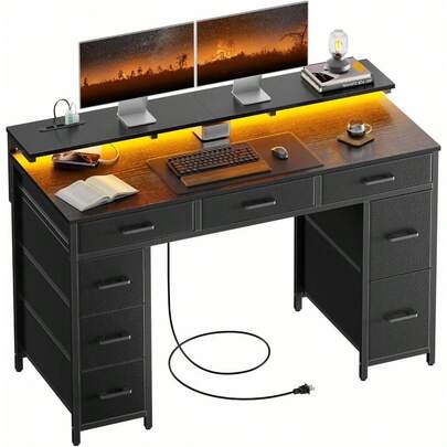 パソコンデスク 幅120cm*奥行き52cmのゲーミングデスク適で 8つの布製の引き出し LEDライト USB電源ソケットを搭載 ゲーム学習机 オフィステーブル 作業台としても利用可能 収納機能があり 安定感と デザインで (黒)