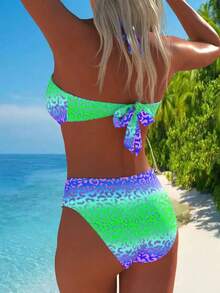 Women's Sexy Gradient Leopard Print Metal Buckle Bust Backless Tie Front Bikini Swimsuit, Summer Beach Holiday - Gradient Blue-green - View 4