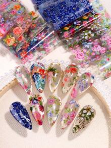10片装花卉美甲贴纸，美甲装饰配件，适合春季、夏季、情人节及其他节日，女士美甲装饰用品 - 彩色 - 查看 3
