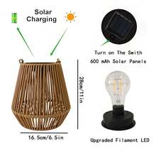 1 felinar solar din ratan, lampă suspendată vintage cu gol, design, control prin comutare, abajur din plastic, potrivit pentru grădină, terasă, balcon, camping, decor de gazon, capacitate baterie 600mAh, detașabilă - Felinar vertical din bambus - Vizualizare 4