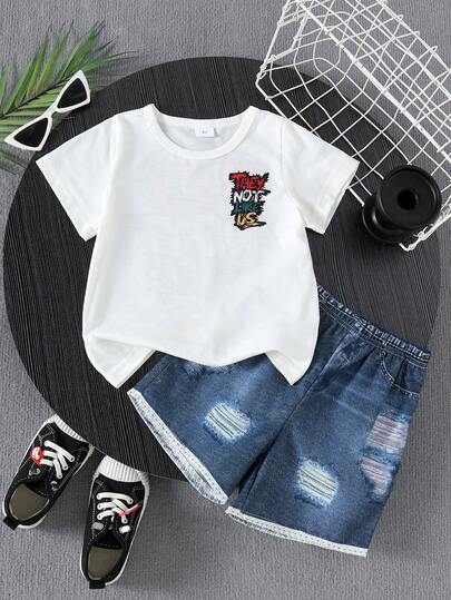 2件套男童简约纯色字母印花短袖圆领T恤+印花短裤，适合夏季