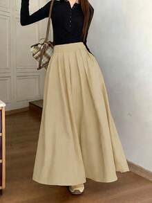 米黄色百褶长裙，适合通勤/约会/休闲穿着，飘逸挺括，A字廓形，带口袋，百搭日常穿搭 - 奶油黃 - 查看 3