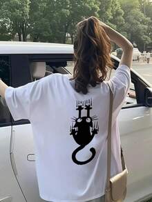 日系女式宽松圆领简约百搭手绘涂鸦卡通黑猫印花短袖T恤，春夏款 - 白色 - 查看 3
