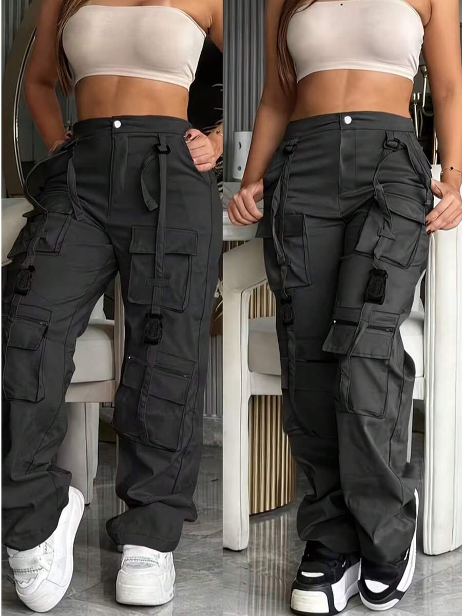 Women's Black Casual Street Style Cargo Pants With Buckle Lace-Up Design, Multiple Pockets, Retro Straight Leg Wide Leg Trousers, Fashionable Versatile Long Pants For Spring And Summer - Black - View 1
