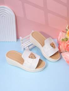 女童时尚拖鞋，休闲高跟坡跟凉鞋，春夏可爱之选 - 白色 - 查看 4