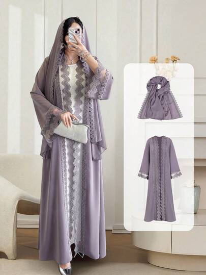 Abayas For Women,Open Abaya Set With Lace Trim, Chiffon Headscarf - Lightweight, Modest & Breathable For Spring/Summer,Purple Elegant Party Dresses For Women