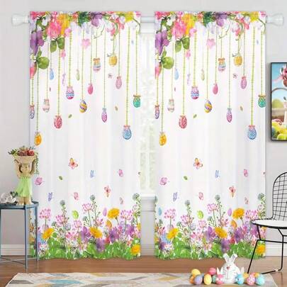 2 PIEZAS Cortinas de Conejo y Huevo de Pascua - Cortinas con estampado floral de primavera con protección UV, diseño de bolsa para barra, lavables a máquina, 100% fibra de poliéster, perfectas para decoración de dormitorio y sala de estar, Cortinas de sala de estar | Cortinas estampadas vibrantes | Cortinas lavables a máquina, Cortinas de dormitorio