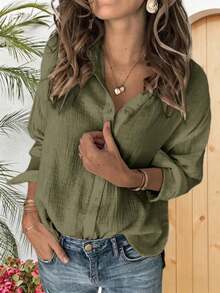 Womens Long Sleeve Button Down Cotton Linen Shirt Blouse Loose Fit Casual V-Neck Tops - 軍綠色 - 查看 2