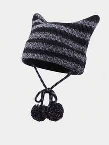 1pc Cute Black & White Striped Cat Ear Knit Beanie Hat, Warm For Women In Autumn/Winter, Y2K Style - Multicolor - View 2