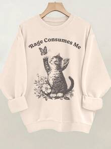 Rage Consumes Me Sweatshirt, Cute Cat Meme Sweatshirt, Funny Sarcastic Kitten Tee, Cottagecore  Mental Health Sweatshirt, Butterfly Shirt - 杏色 - 查看 2