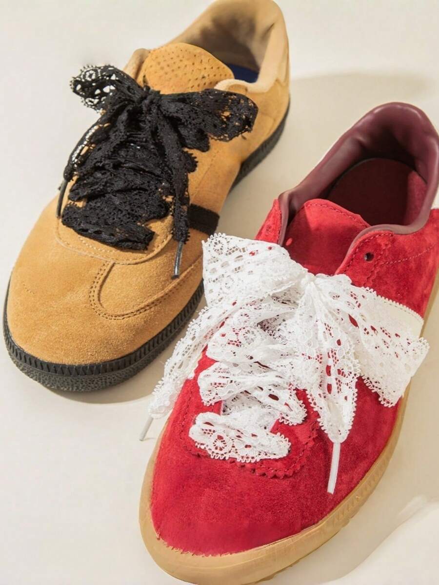 2 Pairs/1 Set Black & White Hollow Lace Elastic Shoelaces, Suitable For Ballet/Tap Dance Shoes - Multicolor - View 1