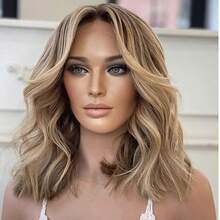 Ombre Blonde Brown Synthetic HD Lace Front Wig Short Wave Bob Natural Preplucked Hairline With Baby Hair Cosplay Party Daily Wear - Multicolor - View 9