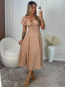 Women's Floral Midi Dress With Short Sleeves, Lined, Elasticated Back, Viscolinho Fabric - 深米色 - 查看 2