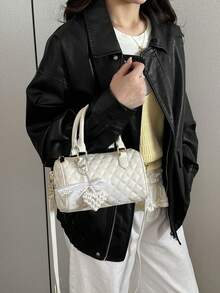 New Fashionable Bowling Bag For Women, Plaid Handbag, Versatile Crossbody Cylinder Bag With Chic Vibe, Spring/Summer - Beige - View 3