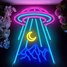 Alien Spaceship LED Neon Sign - USB-Powered Wall-Mounted UFO Light With Vibrant Green & Blue Colors, Durable Plastic Construction For Bedroom, Game Room, Beer Bar, Nightclub & Party Decor, Astronaut Decor, Quirky Lighting Solution, Wallmounted Design - Multicolor - View 6