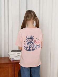 Young Girl "Cute But Raccoon" Graphic Soft & T-Shirt, Suitable For Daily And Weekend Wear, Summer - Pink - View 2