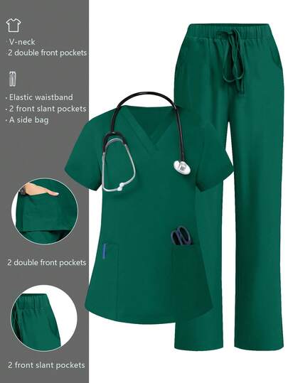 cimmuovere Set uniforme primaverile con top a scollo a V a maniche corte con doppia tasca e pantaloni coordinati