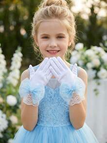 1 Pair 3-10Y Kids Satin Smooth Elastic Blue Bow Gloves, Satin Flower Girl Gloves - Girls Pageant, Ballet Recital, Princess Birthday & Wedding Gloves For Kids (Ultra Soft) - 1Pair - View 8