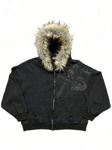 Men's Y2K Retro High Street Sweater Puffy Hood Print Unisex Streetwear Fashion Essential - màu đen - Xem 3