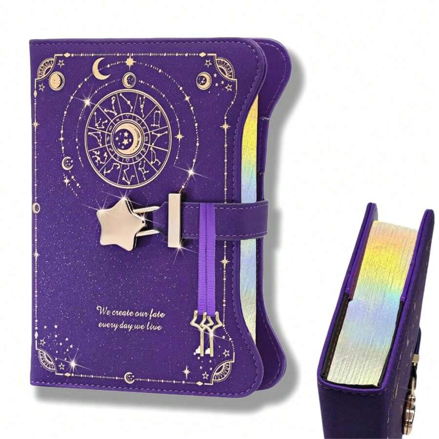 Diario con Cerradura y Llaves para Niña,Diario para niños Con doce constelaciones,180 Páginas Escribible por ambas caras,Con ranura para tarjetas y ranura para bolígrafo,Regalo para Niñas - Morado - Ver 1