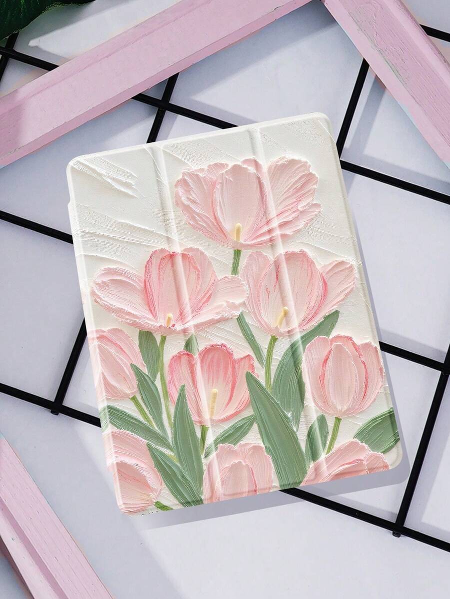 1pc Painting Style Pink Tulips Pattern Tablet Protective Case, Compatible With IPad 10.2", IPad Pro 2021/2020, IPad 9/10 Gen, Galaxy Tab A8 10.5" 2022, Matepad 10.4/Tab, , Anti-Drop, With Pencil Slot, Sleep/Wake Support - Multicolor - View 1