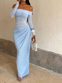 Onicee 夏季连衣裙，蓝色浪漫连衣裙，时尚网纱透视腰部镂空露肩派对连衣裙，优雅连衣裙，适合情人节、约会、聚会、派对、旅行、度假、海滩和其他场合。 - 淺藍色 - 查看 10