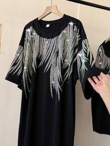Shiny Black Plus Size Women's Midi Dress - Geometric Rhinestone Pattern Short Sleeve Loose Fit With Pockets Casual Summer Party Wear Fashionable Relaxed Style Polyester Fabric Plus Size Dress - 黑色 - 查看 8
