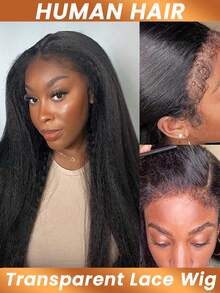 蓬松直发 13x4 透明蕾丝前假发 Yaki 直发蕾丝前假发 巴西真人发 4C 发际线假发 卷曲真人发假发 180% 密度 - Natural Black - 查看 4