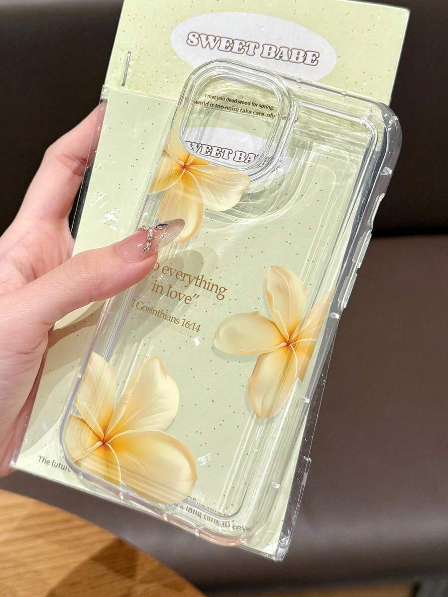 1pc Minimalist Artistic Fresh Floral Plumeria Religious Slogan Pattern Anti-Slip Transparent Air Cushion Soft Phone Case Compatible With IPhone 11/12/13/14/15/16/17 Pro Max - Multicolor - View 1