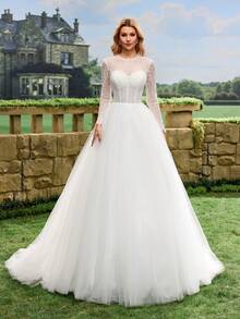 Elegant Round Neck Lace Sheer Long Sleeve Wedding Dress - White - View 5