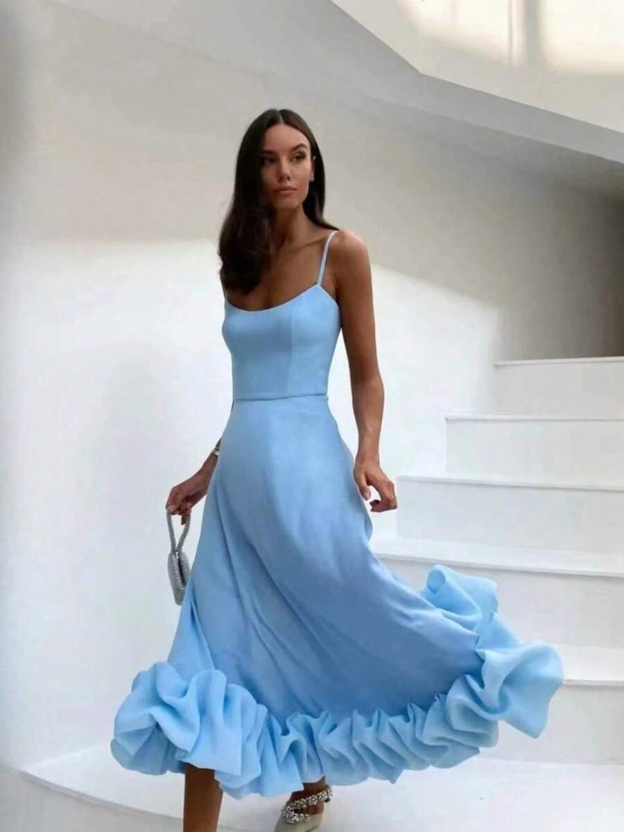 Women's Long-Style Solid-Color Fashionable Halter Top Wide-Skirt Three-Dimensional Flower A-Line Dress - Sky Blue - View 1