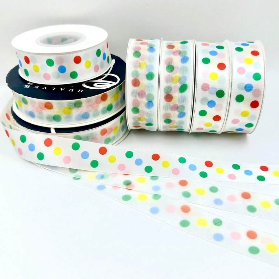 Panglică curcubeu cu buline, 25 de yarzi/rolă, 25 mm, potrivită pentru tort de ziua de naștere, ambalare în cutie cadou, cadouri cu desene animate, decorațiuni de sărbători - Multicolor - Vizualizare 1