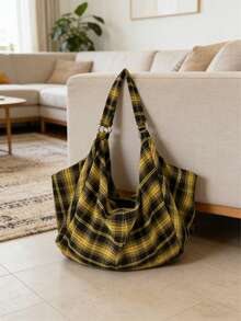 Large Capacity Plaid Pattern Shoulder Bag, Women's Crossbody Bag, Casual Multifunctional Tote Bag, Lightweight And Foldable, Soft Fabric, Zipper Design, Suitable For Work, Study, Travel - Yellow - View 6