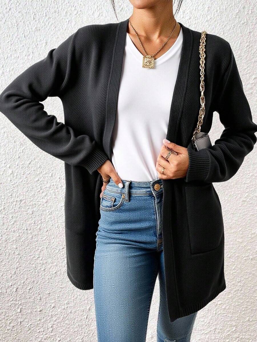 Áo khoác len cardigan dệt kim thời trang FW có túi dành cho nữ - màu đen - Xem 1
