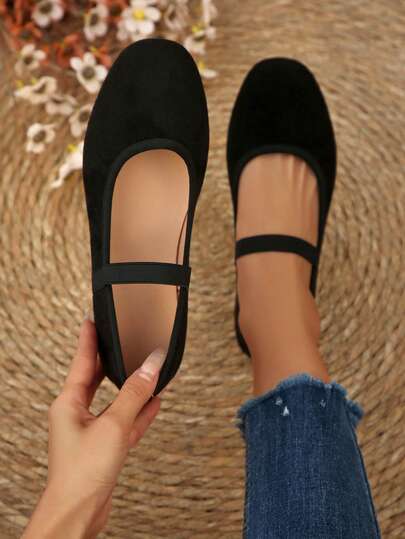 Women's Ballet Shoes, Suitable For Spring, Summer And Autumn, Square Toe Slip-On Casual Loafers With Elastic Band, Classic Black, Suitable For Daily Commute And Office Occasions