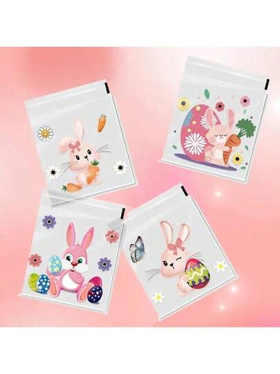 100pcs Easter Bunny Clear Self-Sealing Plastic Gift Bags, Suitable For Candy, Cookies, Snacks, Party Favors, Gift Packaging