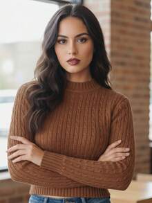 Women's Cropped Textured Knit Long Sleeve Ribbed Knit Top - Autumn/Winter Fashion - Desnudo - Ver 3