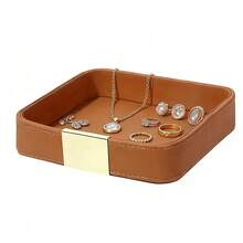 1 pieza Bandeja de almacenamiento de escritorio de lujo de cuero, caja decorativa para joyas, relojes, cosméticos, llaves, teléfono, billetera, accesorio para el hogar y la oficina con tapa deslizante de metal, naranja - Multicolor - Ver 2