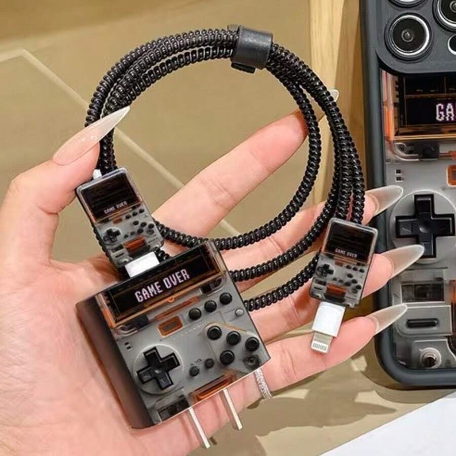 游戏机元素设计线缆保护套，兼容 18-20W充电器，防刮防摔 - 黑色 - 查看 1