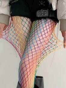性感迷人复古彩虹渐变网眼连裤袜，女士半透明镂空网眼连裤袜，春夏秋季款，Y2K美学，适合派对、夜店、街头休闲穿着 - 彩色 - 查看 4