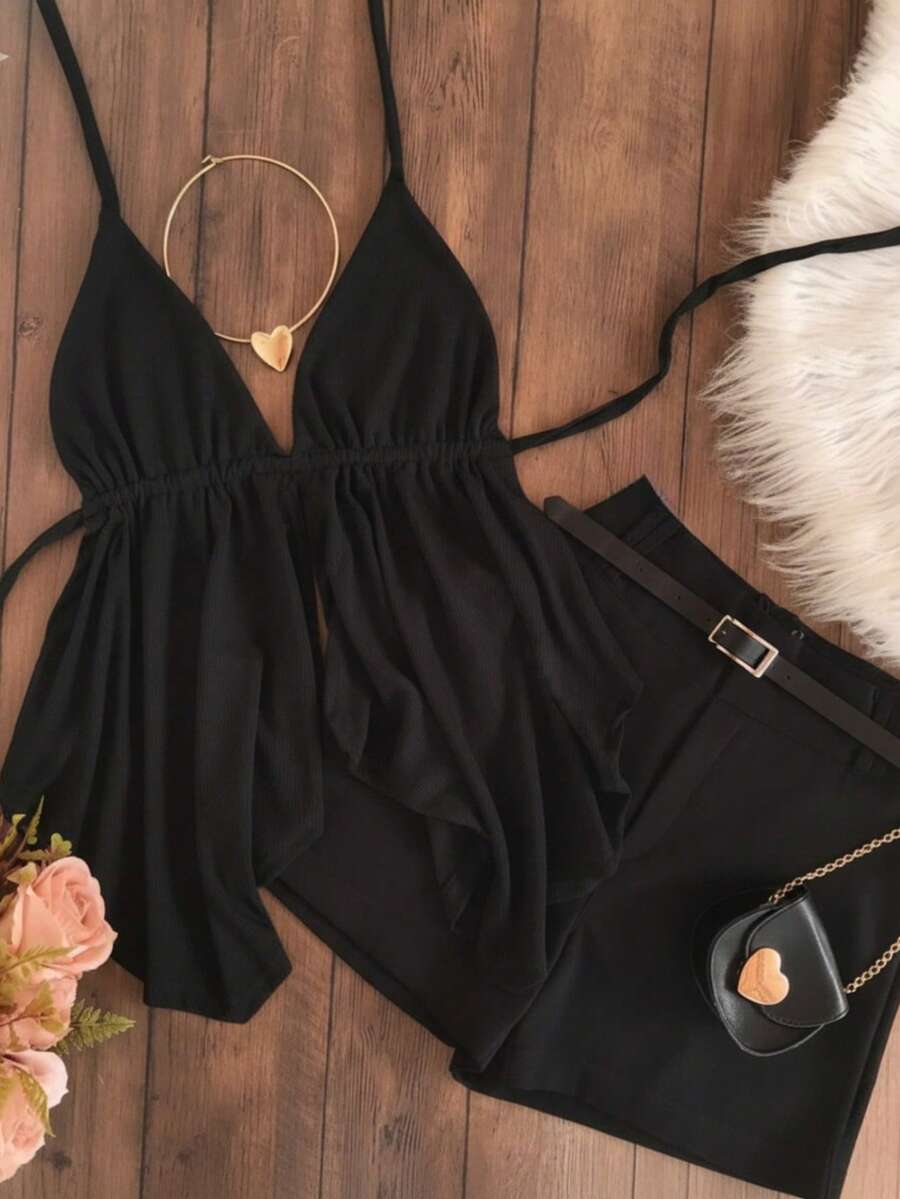 Women's Summer & Carnival 2026 Fashion Set – Lightweight Strappy Cropped Top + Elegant High-Waisted Shorts | Fresh, Fashionable And Comfortable Look - 黑色 - 查看 1