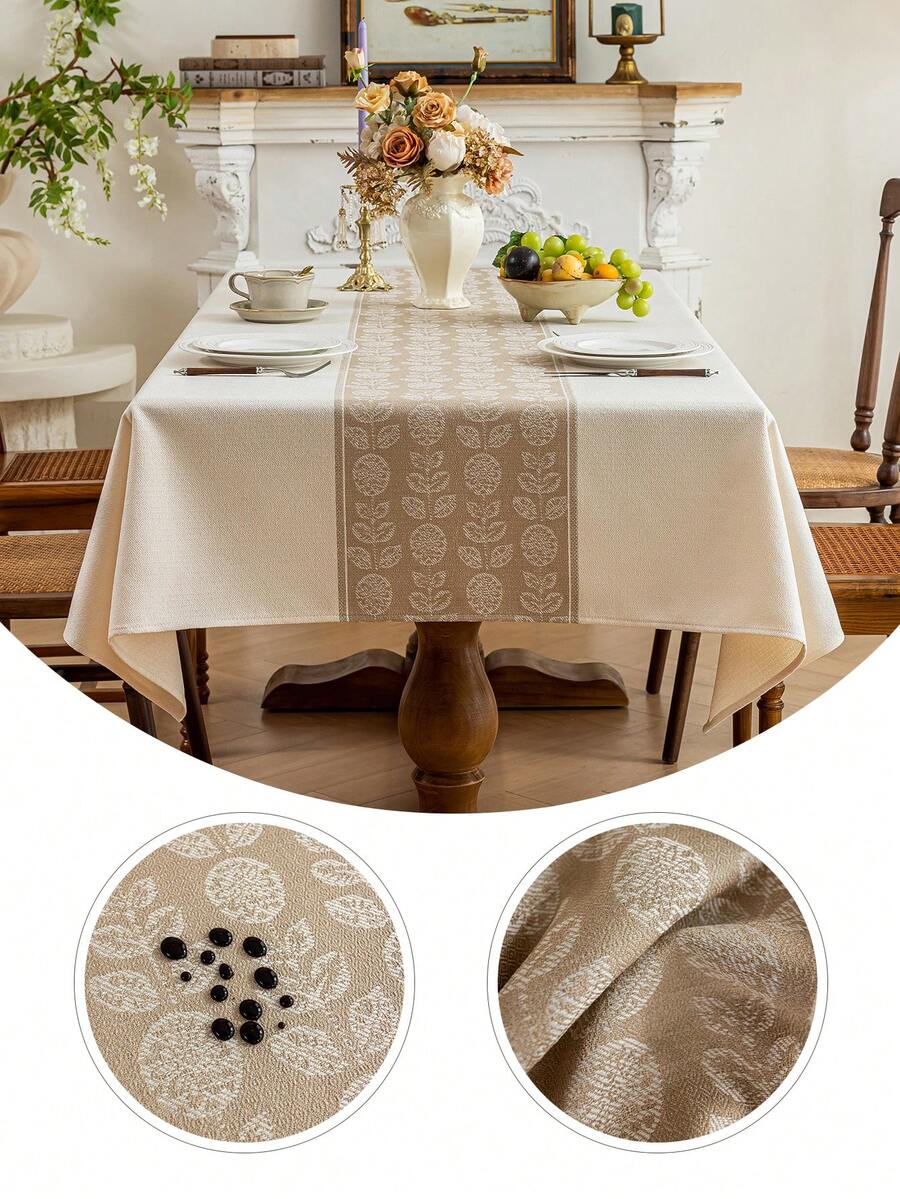 1pc Plant Pattern Jacquard Water Repellent Tablecloth, Polyester Fabric, Rectangular Or Square, Suitable For Restaurant, Living Room, Dining Table Decor, Machine Washable - Brown - View 1