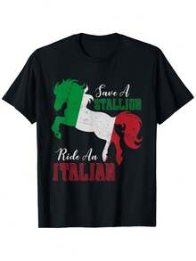 100% Cotton Save A Stallion Ride An Italian Funny Graphic T-Shirt - Black - View 7