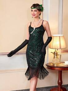 1920s Flapper Dresses For Women, Great Gatsby Costumes With Fringe With Accessories Set - Green - View 6