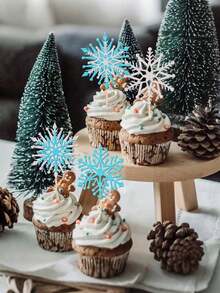 1-12pcs Shiny Snowflake Shaped Cupcake Toppers, Icy Winter Theme Cupcake Decorations, Snowy Wonderland Birthday Cake Decor, Christmas Party Supplies, Blue & Silver - Multicolor - View 5